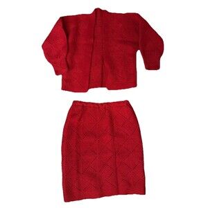 Vintage Hand Knit Two Piece Sweater Skirt Set Red 1970s Lined Skirt